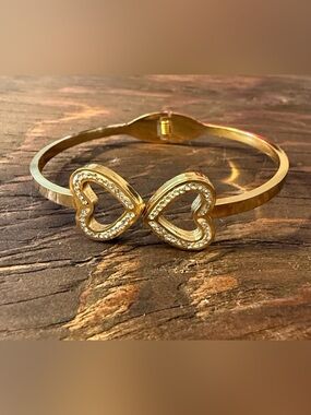 Gold Plated Heart Double-Heart Bangle Bracelet - Women's Jewelry